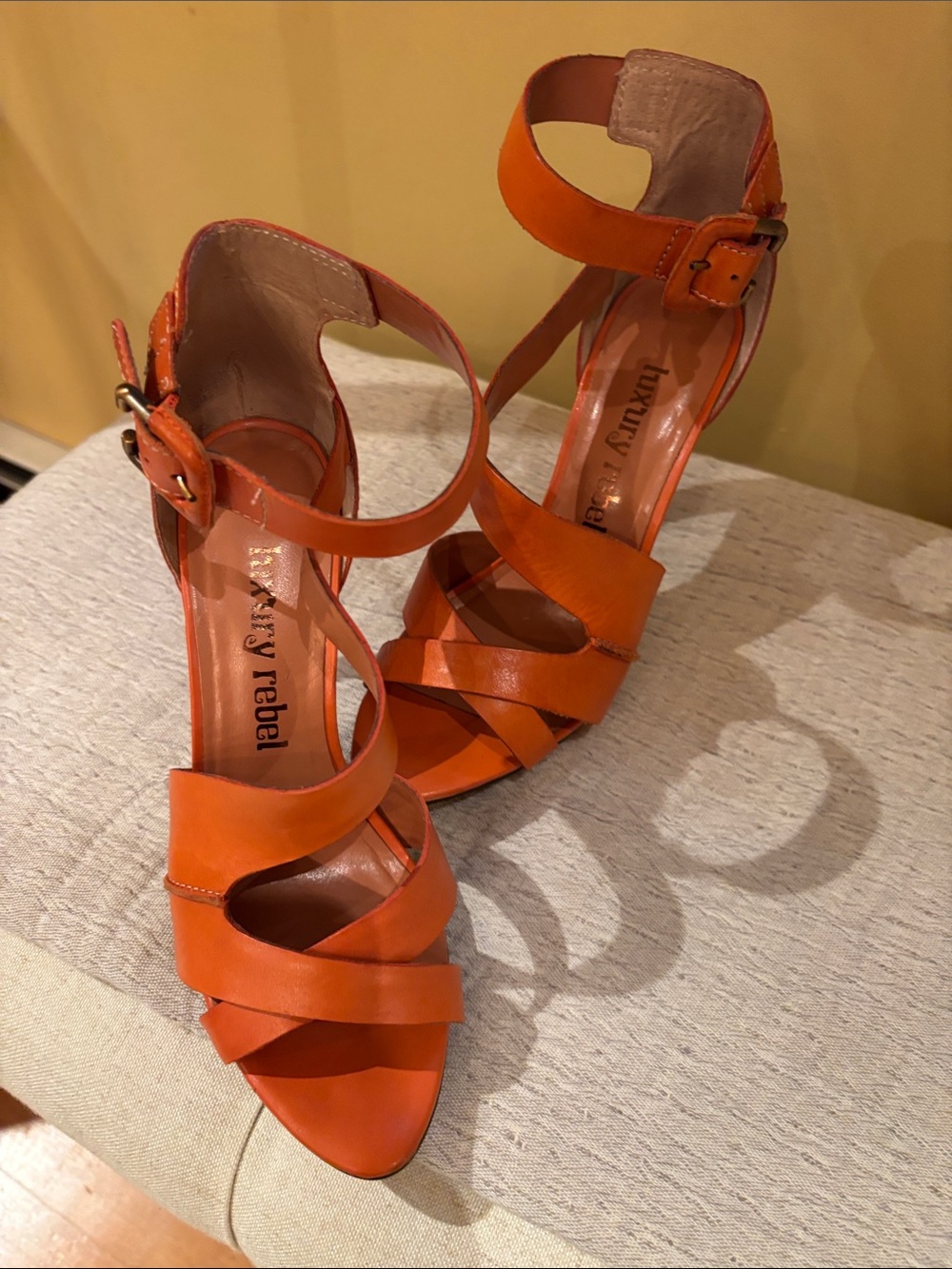 luxury rebel Orange Leather Strappy Ankle-Heel Sandals